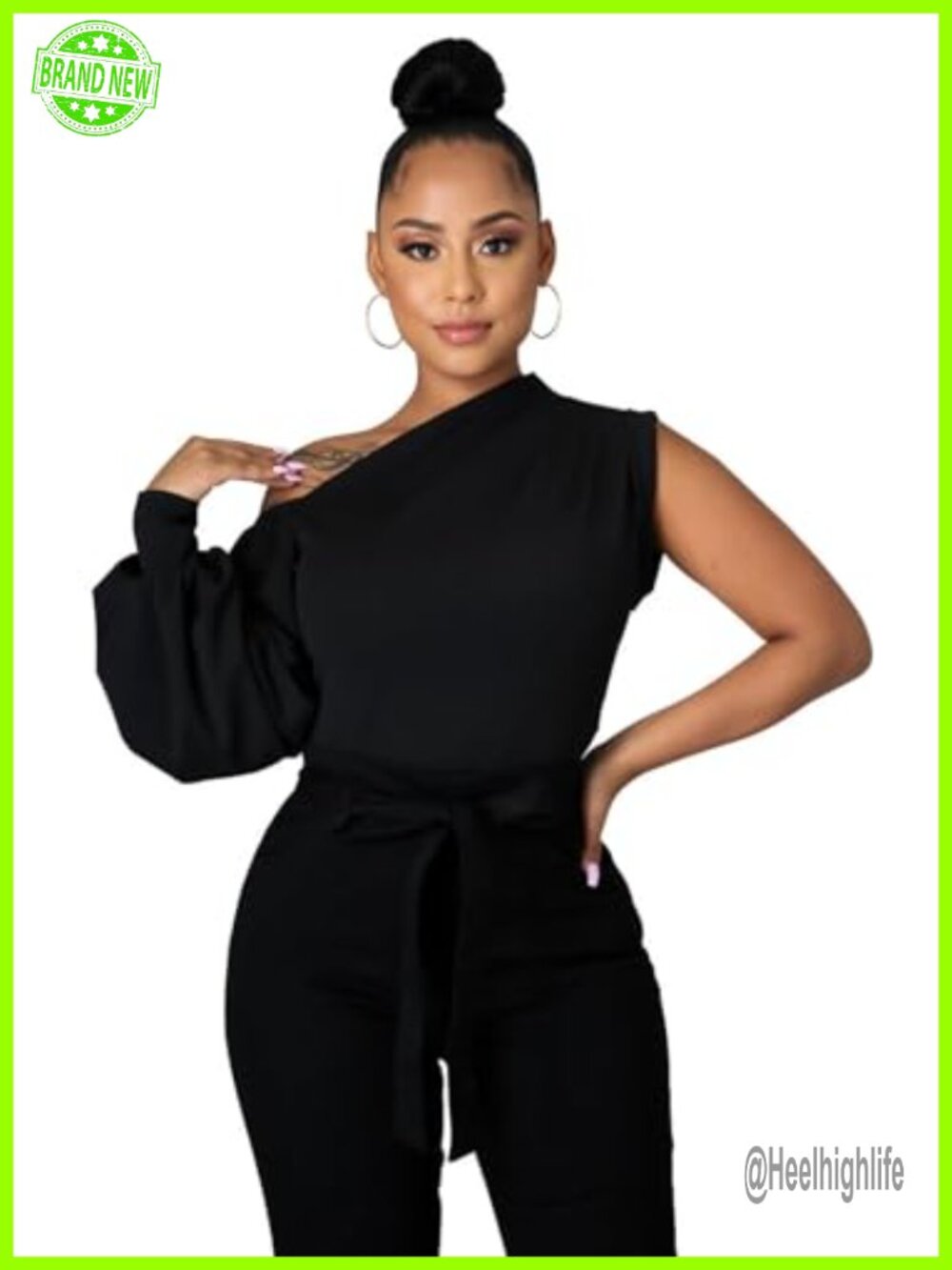 Women's One Shoulder Puff Sleeve Ruffle Asymmetrical Blouse Tunic Top